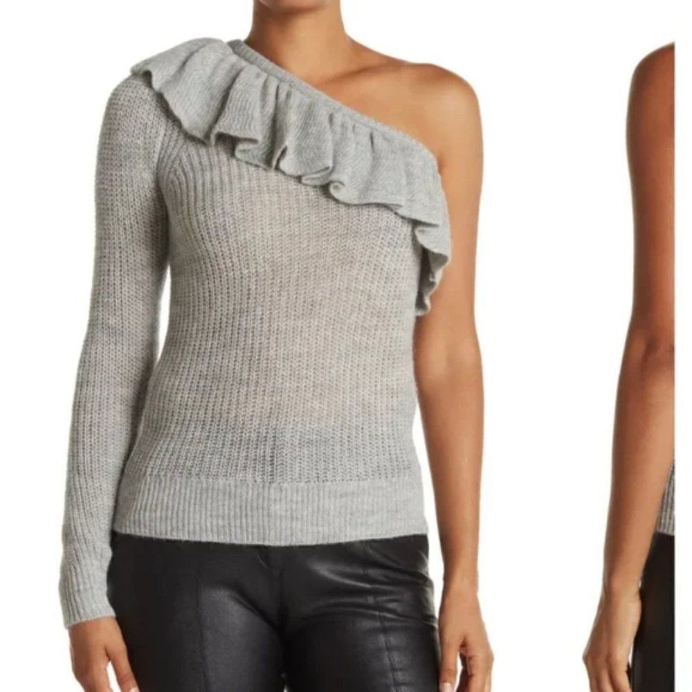 NEW! Rebecca Taylor One Shoulder Ruffle Sweater size Large in Grey